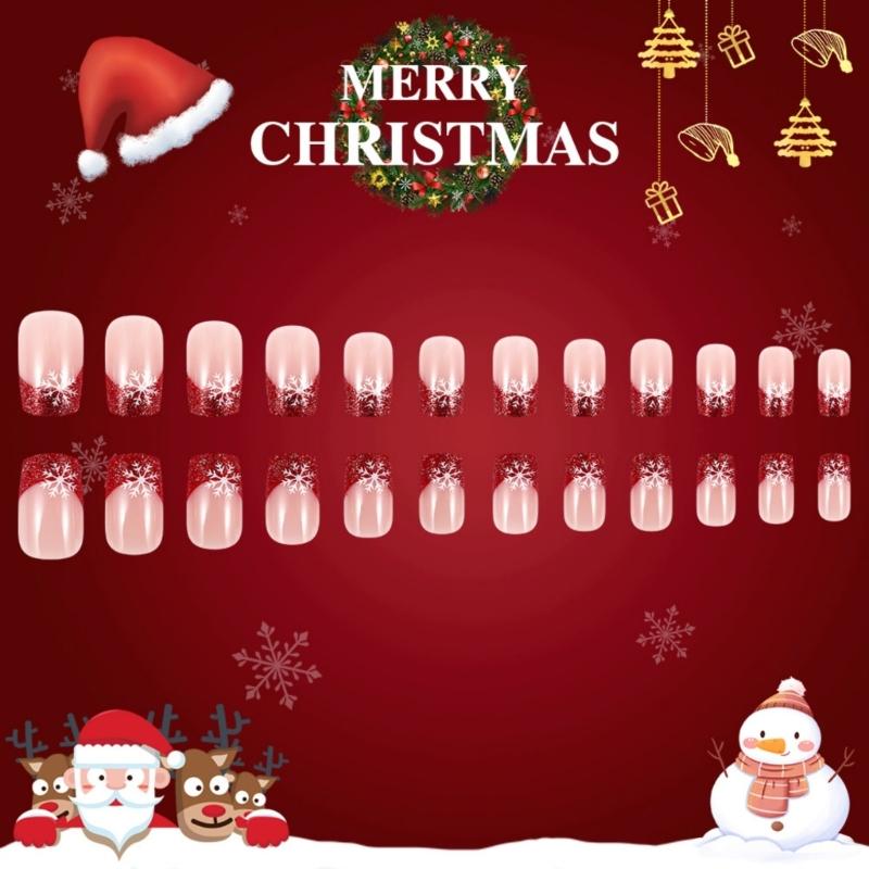 Christmas Themed Press on Nail Snowflake Nail Set Quick Application Manicure Nail Decoration for Parties 24 Pieces