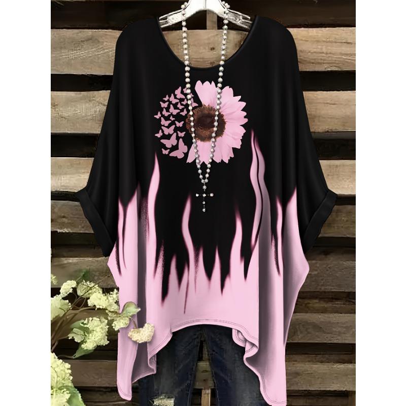 Vintage Floral Print Irregular Fashionable Short Sleeve T-Shirt for Women Women's Clothing Loose and Casual Oversized Top
