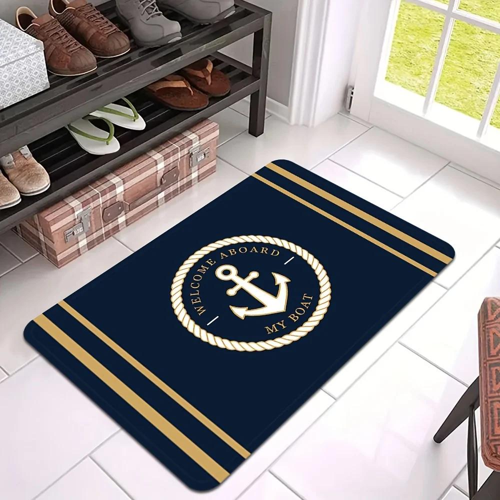 Tappetino di Benvenuto con Ancora Nautica Tappetino Antiscivolo Morbido "Benvenuti sulla Mia Barca" Decorazione Blu Navy/Oro per Interni Soggiorno