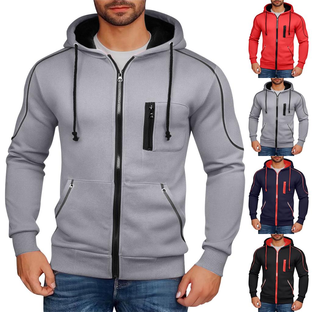 Men's Hooded Sweatshirt, Contrasting Color Sweatshirt, Sports Zipper Casual Jacket