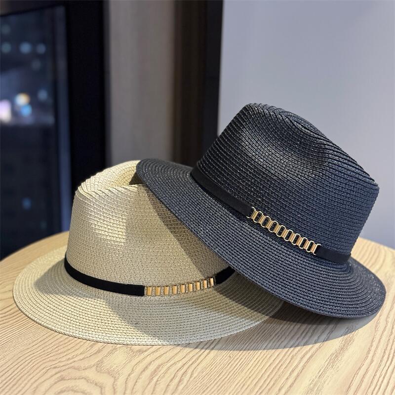 New Sun Protection Hat with Sunshade, Belt Buckle, Flat-top Hat, Outdoor Beach Outing Straw Hat, Women's Summer Versatile Trendy Hat