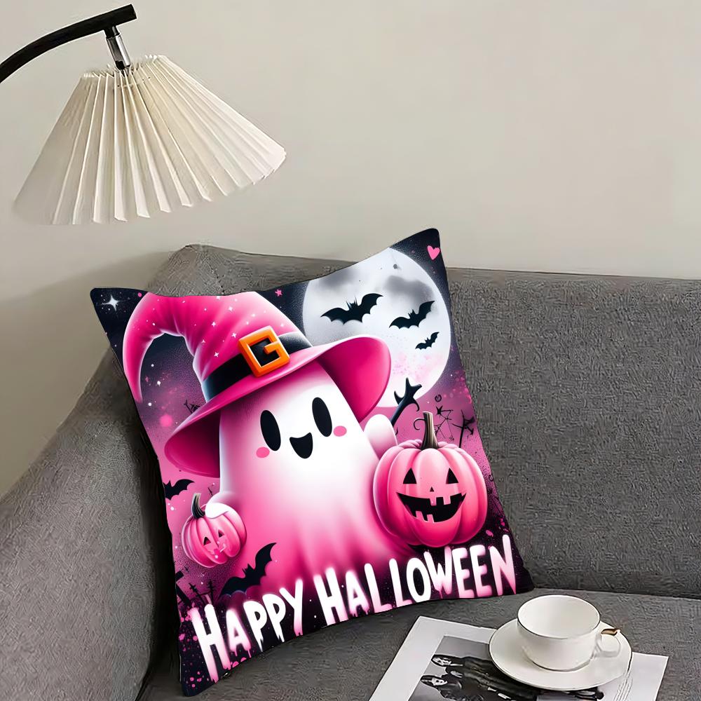 Cute Ghost with Pumpkin Cushion Cover Reversible Plush Pillow Cover – For car, sofa, bedroom, perfect as a gift.
