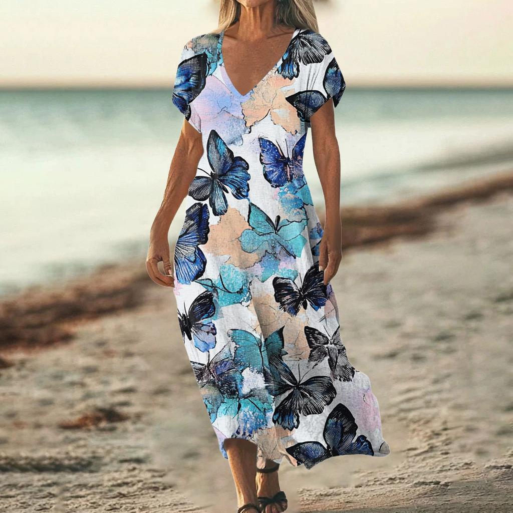 Fashion Women's Summer V-neck Short Sleeve Cotton And Linen Vintage Floral Print Beach Dress