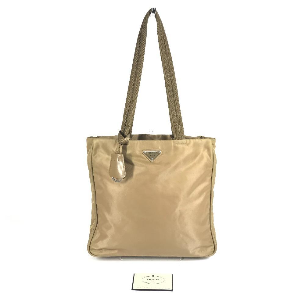 PRADA B9223 triangle logo Vertical Tote Bag Shoulder Bag Nylon Beige
