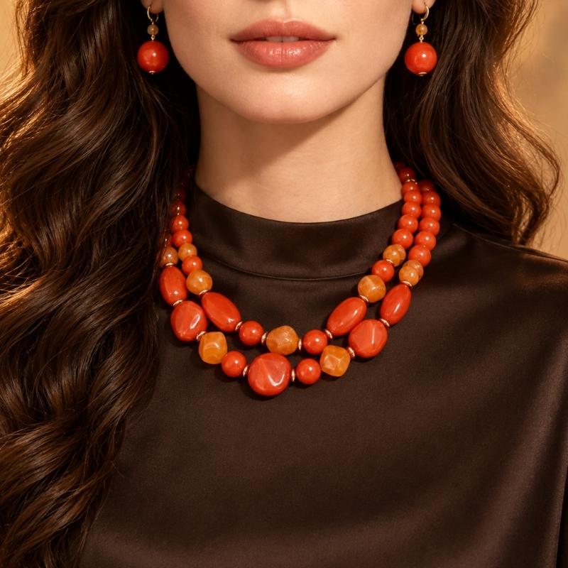 Beaded Necklace with Coordinated Drop Earrings, Double-Strand Layering, and Irregular Acrylic Beads Jewelry Set