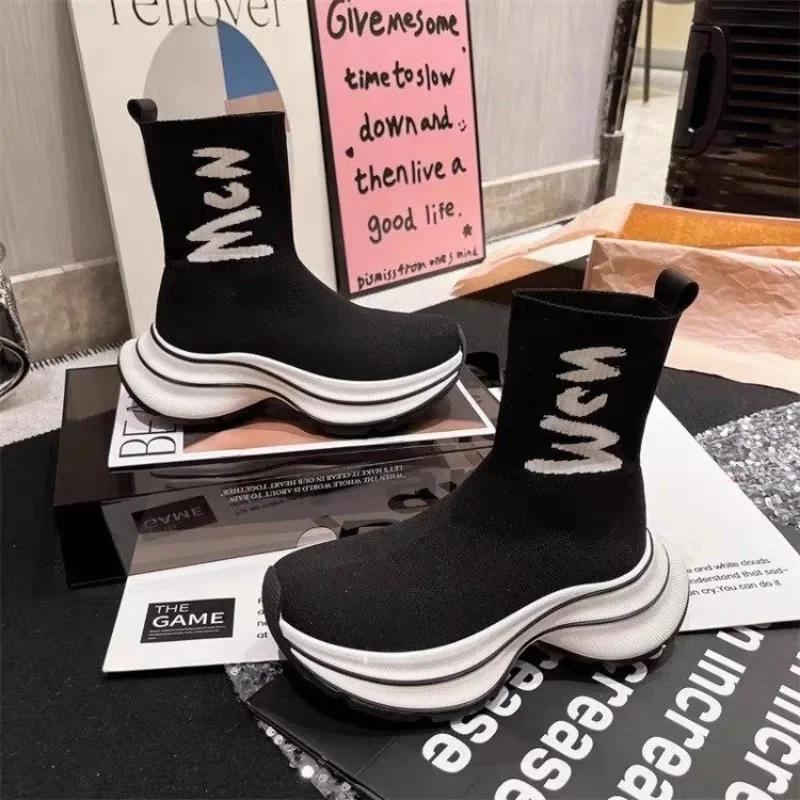 Мода 2024 года Обувь Кроссовки Черные Женские Ботильоны Ботильоны на платформе Плоские Ботильоны Носки Спортивные Короткие Туфли для Женщин Модные Ботинки 35 чёрный