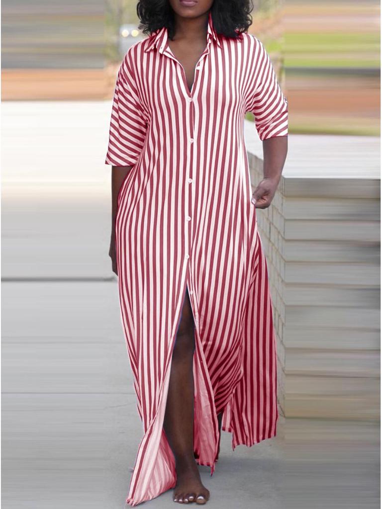 Women's Summer V-Neck Striped Shirt Dress - Loose Fit, Hot Style
