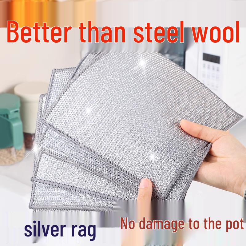 Non-Stick Steel Wool Dishcloth & Dual-Sided Cleaning Brush for Kitchenware