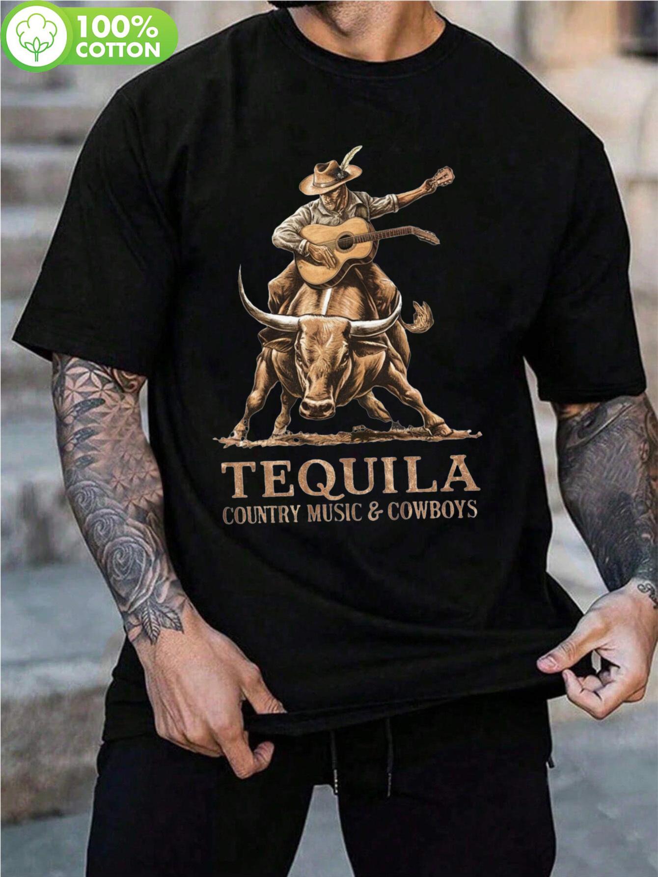 180g 100% Cotton Short Sleeve T-shirt - Black Cowboy Riding Bull & Tequila Graphic Print XL