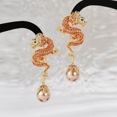 Fashion Light Luxury Heavy Industry Exquisite Earrings Slightly Inlaid With Zircon Chinese Dragon Earrings Temperament Earrings Women