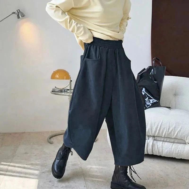 Women Winter Corduroy Wide Leg Culottes Pants S синий