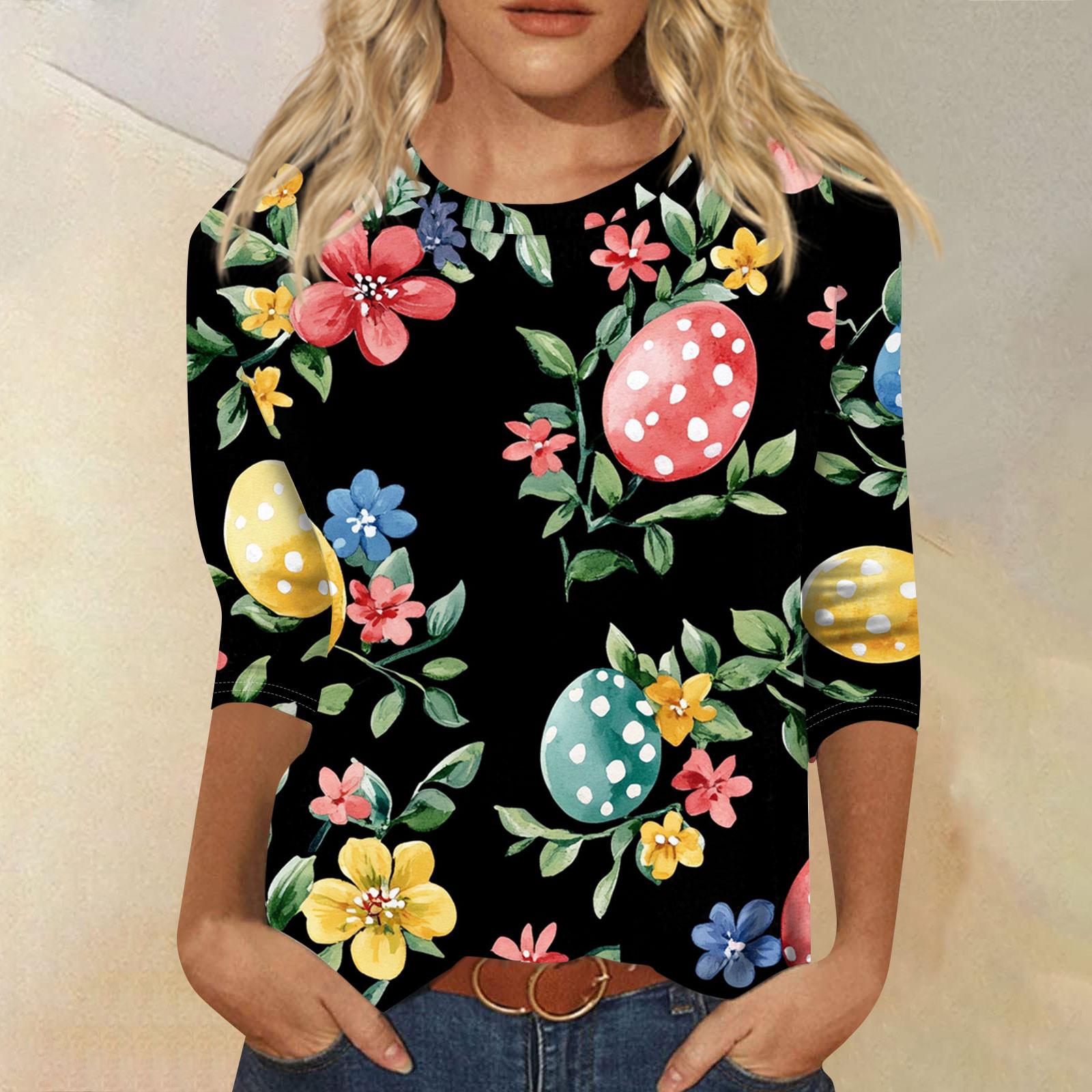 

Женская мода повседневная блузка с круглым вырезом и принтом «Пасха» из семи рукавов XXL