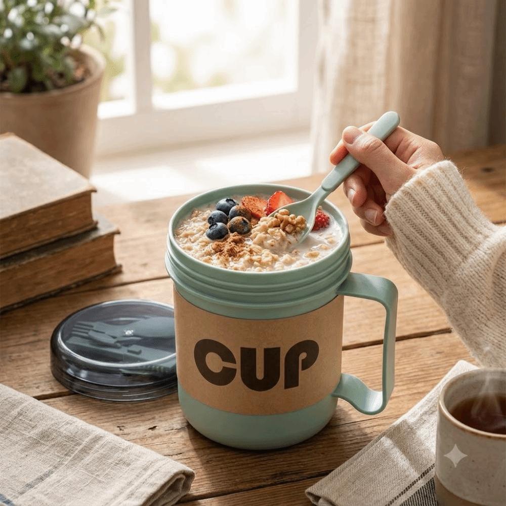 Leak Proof Lid Breakfast Cup Built in Spoon Portable Cup Daily Food Mug with Spoon Picnic Camping