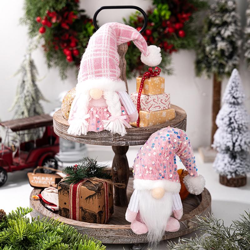 Christmas Gnome Plush Decorations,Elf Dwarf Gnomes Doll Pink Sequin Hat Design For Home Christmas Table Decorations