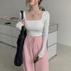 Women Square Neck Cropped Fitted Long Sleeve Casual Base T Shirt