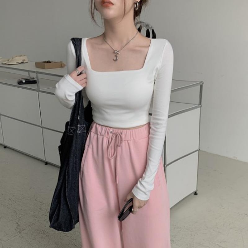 Women Square Neck Cropped Fitted Long Sleeve Casual Base T Shirt