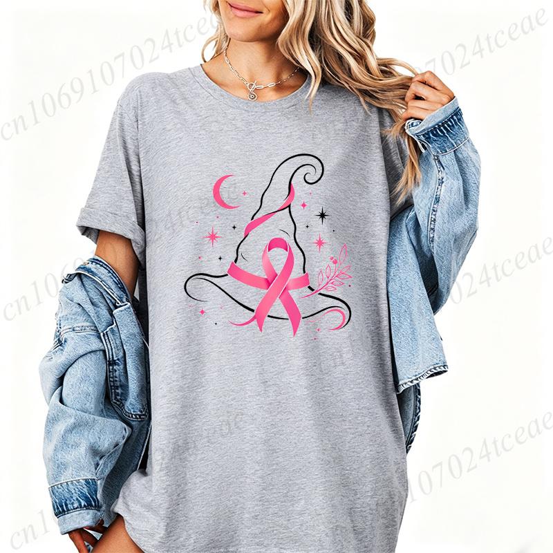 Pink Witch Hat Design T-Shirts Breast Cancer Awareness Women's Tee Shirts Pink Ribbon Halloween Graphic T-Shirts Gifts