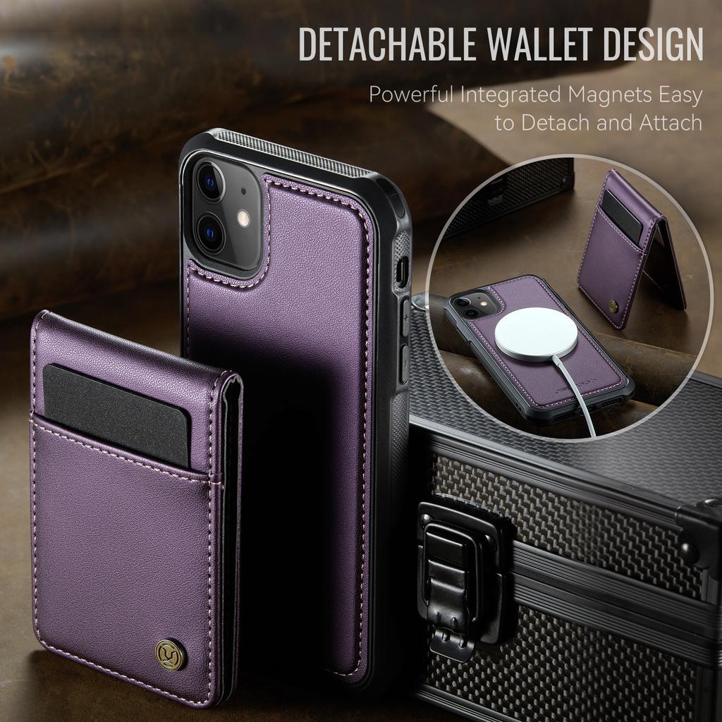 For iPhone 11 Leather Back Cover Compatible with MagSafe JEEHOOD J06 Phone Case with Card Bag RFID Blocking