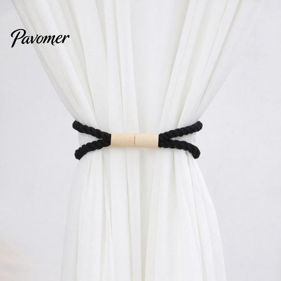 Decorative Curtain Buckle Magnetic Tieback, Cotton Linen Rope Holdback with Wood for Non-damaging Wall Tie Drapes, Backs Bedroom, Boho Room, Nursery,
