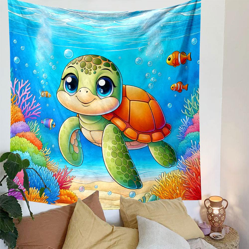 Cute Sea Turtle Underwater with Coral Reef Patterned Tapestry Decorative Wall Hanging, Home Bedroom Living Room Decor