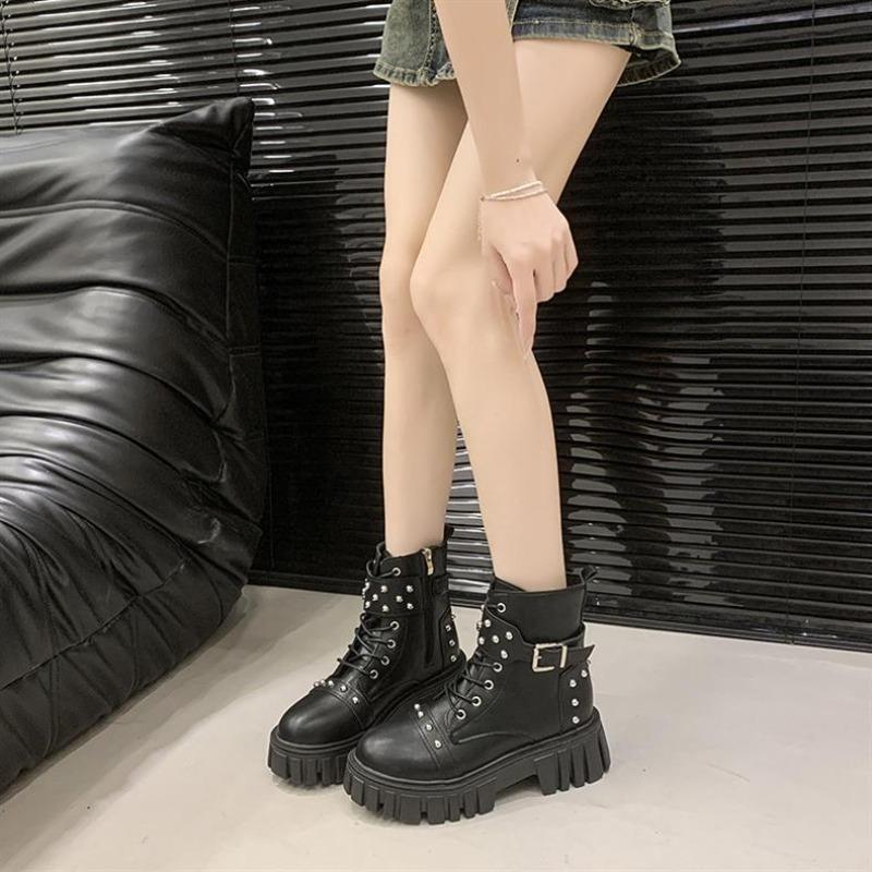 Women Ankle Boots 2026 Autumn Platform Belt Buckle Female Short Boots Thick Sole Lace Up Rivet Zipper Fashion Ankle Boots Botas