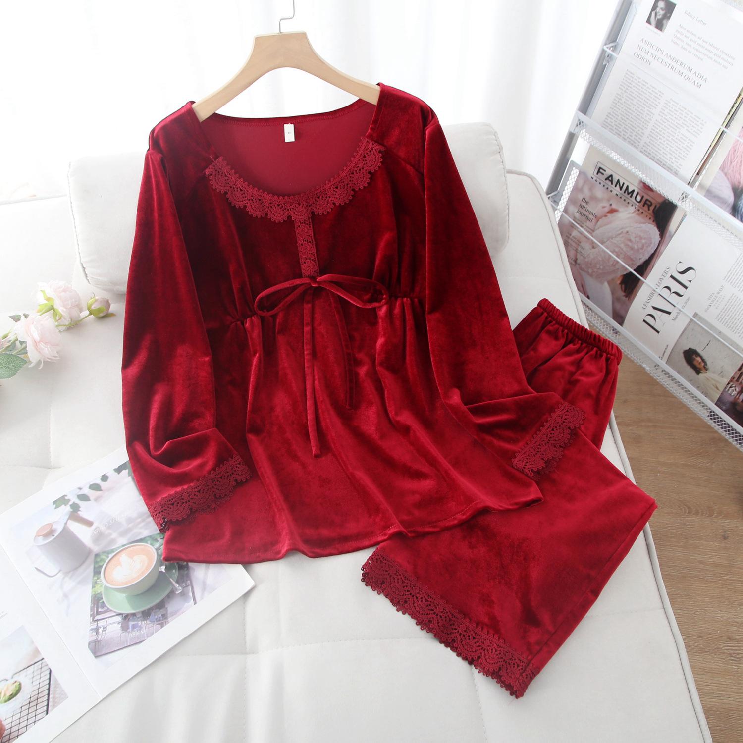 

Золотая бархатная пижама из двух частей для женщин, осень и зима, однотонная кружевная сексуальная теплая домашняя одежда, пижама в корейском стиле XL красный