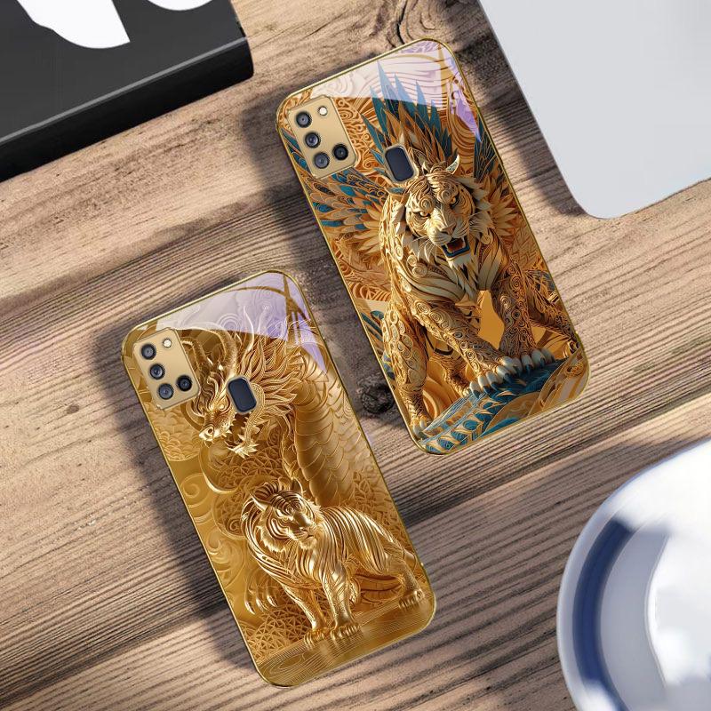 Fantasy Golden Beast For Samsung A 31 32 A33 A34 35 14 A15 13 16 25 26 50 52 53 54 55 56 70 71 72 73 Golden Glass Phone Case