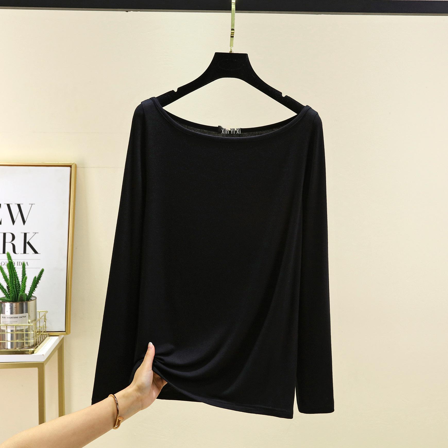 

Женский топ с открытыми плечами с длинным рукавом из модала на весну/лето - Простой, Модный, Приталенный базовый слой Medium чёрный