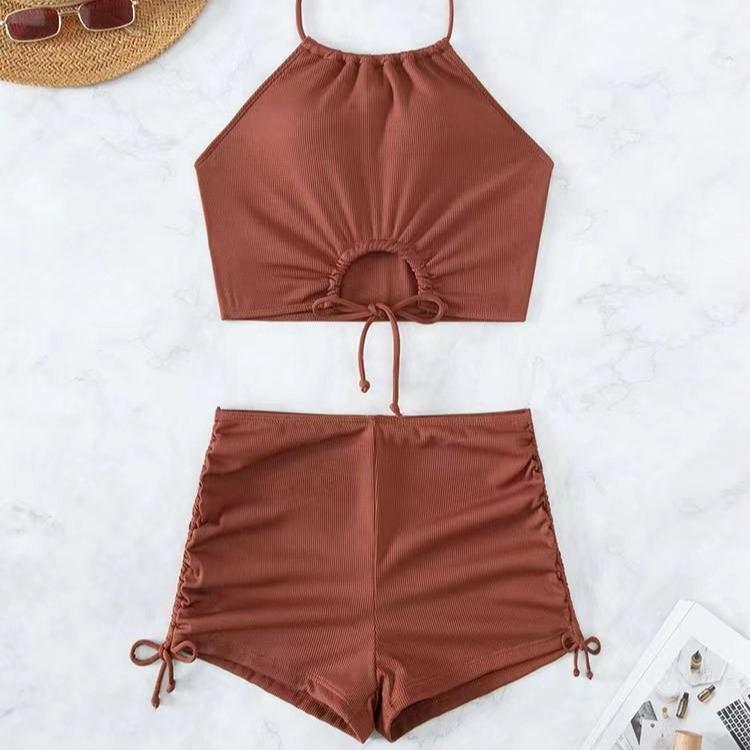 European & American Women’s Hot Spring Conservative Solid Color Backless Bikini Swimsuit