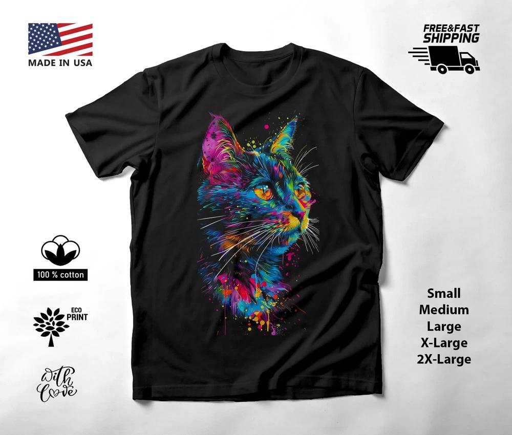 Cat Portrait Neon Graphic T-Shirt Black Unisex S-2XL