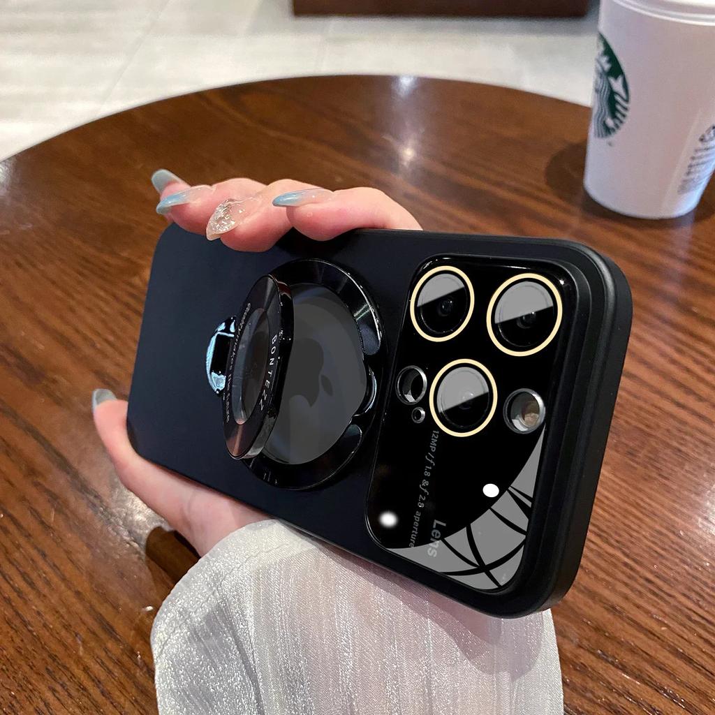 Slim Matte PC Bracket Case For iPhone 15 14 13 12 11 Pro Max 14 Plus For Magsafe Stand Holder Glass Lens Protector Luxury Cover