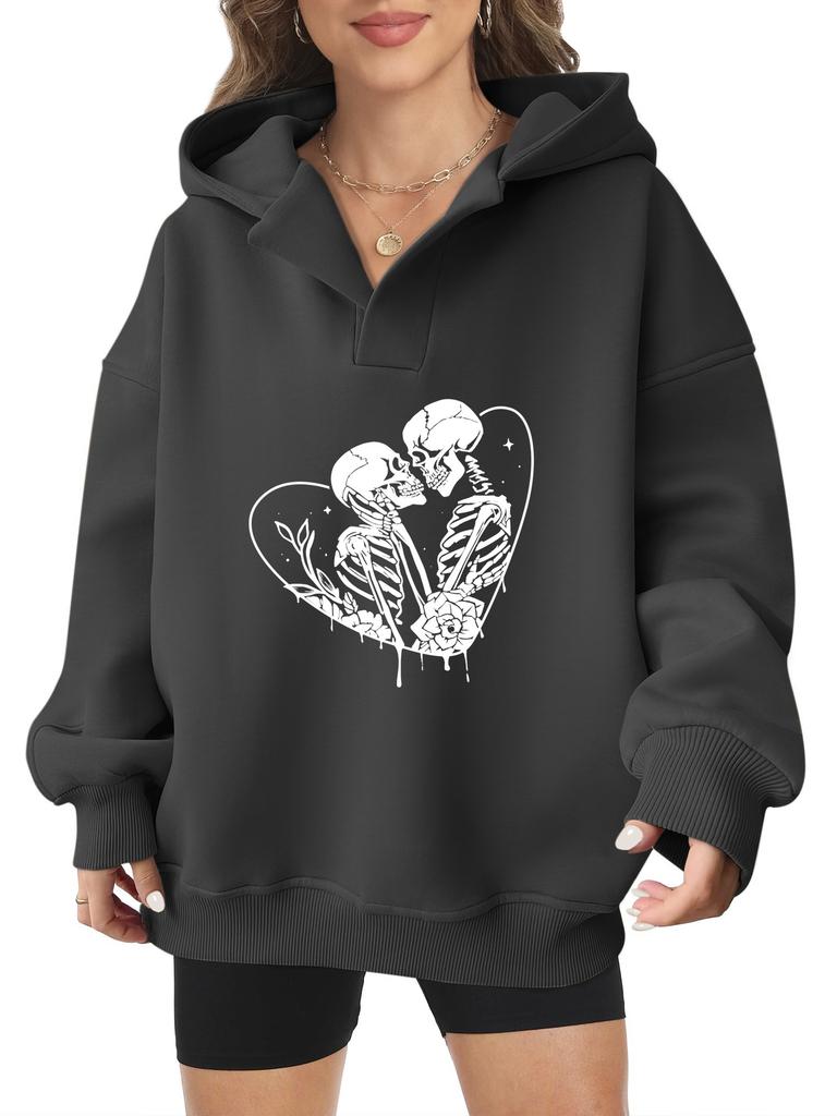 2025 new European and American Halloween women's hooded sweater front and rear pattern winter fleece loose casual
