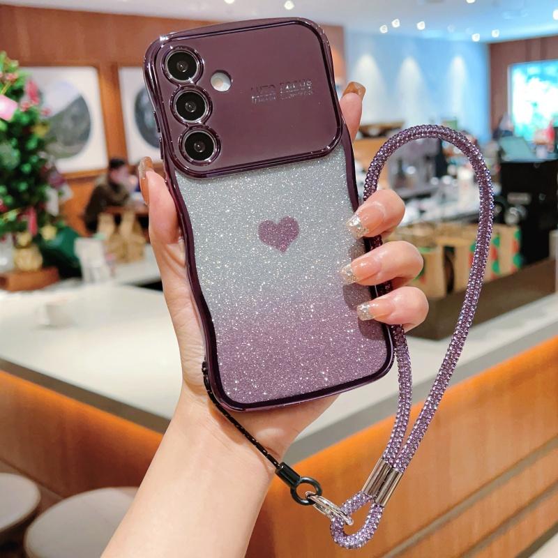 

Чехол для телефона с блестящей рамкой и волнистым покрытием для Samsung S25 Ultra S24 FE S23 Plus S22, ремешок для запястья, противоударный, защита объектива, прозрачный бампер Samsung S22 темно-фиолетового