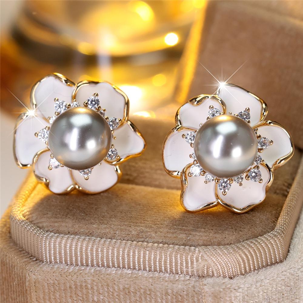 Cute Female White Crystal Gray Pearl Enamel Gold Color Flower Stud Earrings Lovely Bridal Wedding  For Women