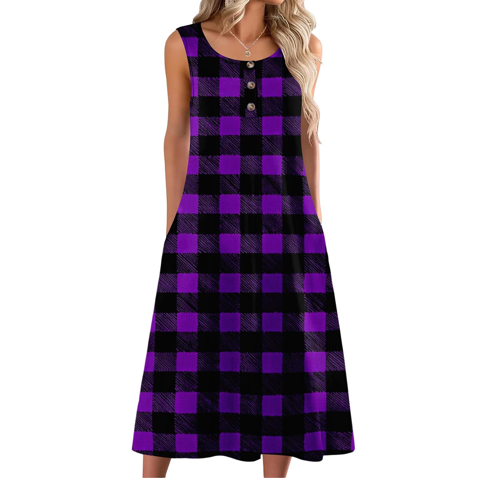 

Women s fashion casual sleeveless button plaid print dress with pocket M