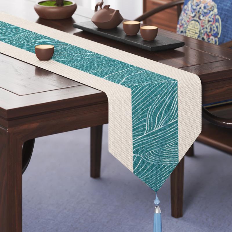 1pcs New Chinese Style Zen Tea Flag Cotton and Linen Waterproof Long Table Runner Tea Table and Dining Table Dual-use Cover Cloth with Tassels