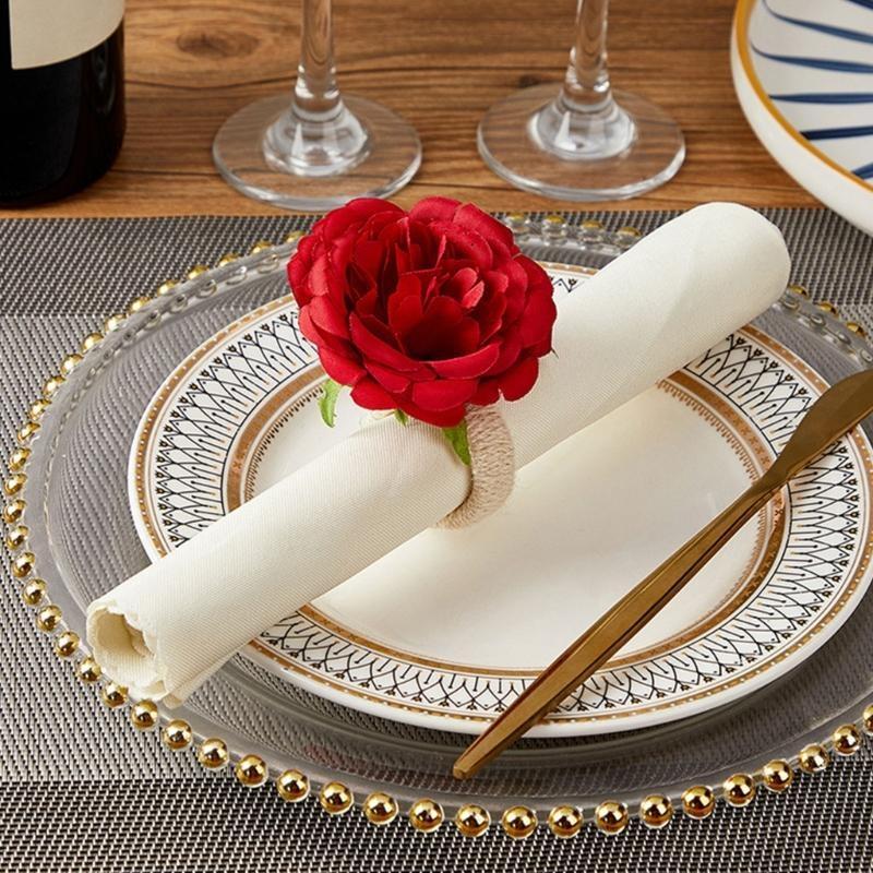 652F Set of 6 Artificial Flower Napkin Rings Elegant Tissue Holder for Dining and Parties Table Decorations for Weddings