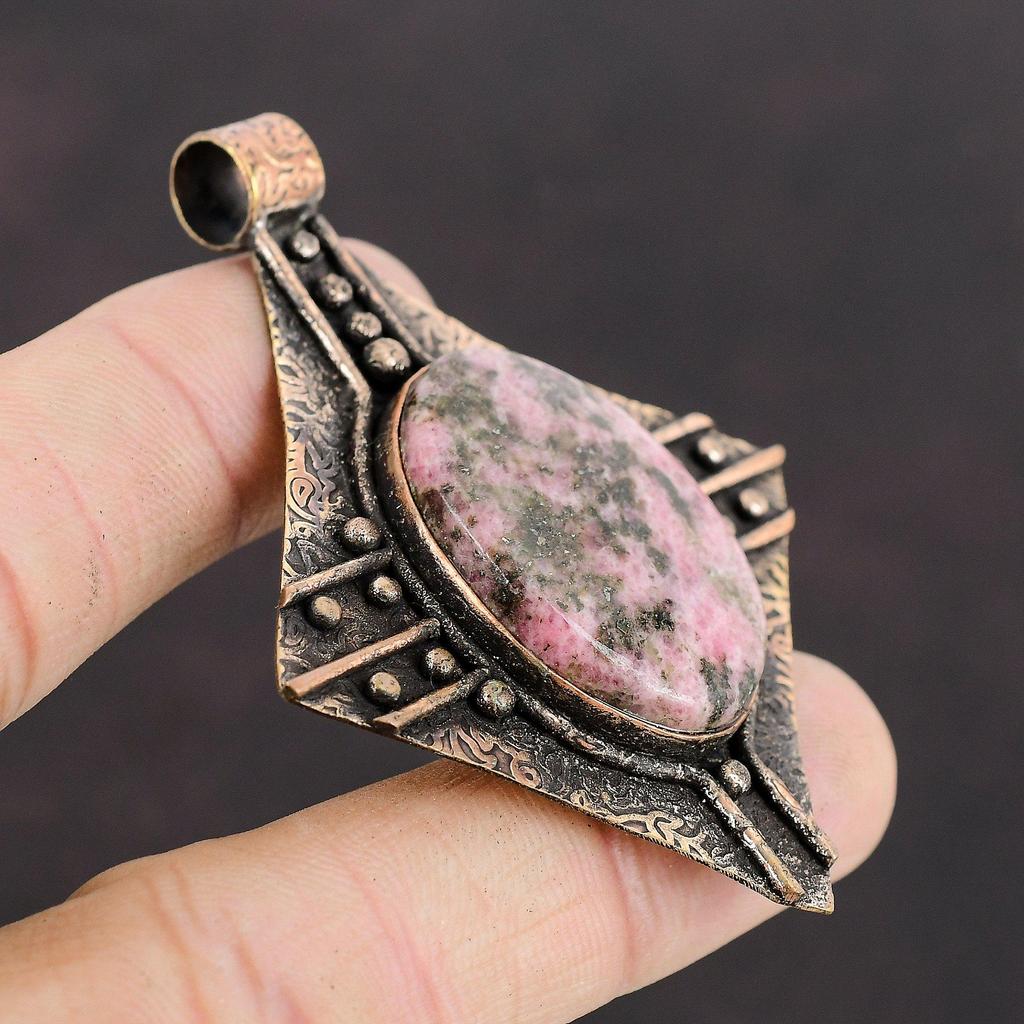 Rhodonite Pendant Copper Pendant Handmade Pendant Rhodonite Jewelry High Quality Gemstone Pendant Unique Copper Design Jewelry Gift For Her