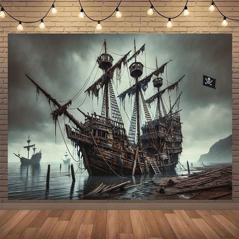 A background image of an abandoned pirate ship, suitable for interior decoration, home decoration photography props (as the picture,130x150cm)
