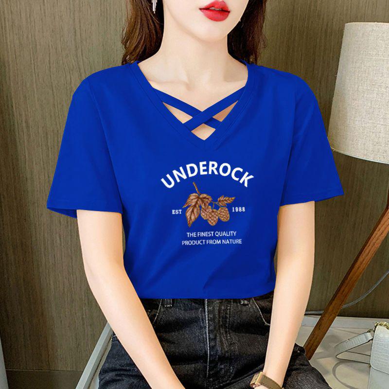Women's 100% Pure Cotton Crossover V-Neck Short Sleeve T-Shirt - 2024 Korean Casual Summer Fashion Trend