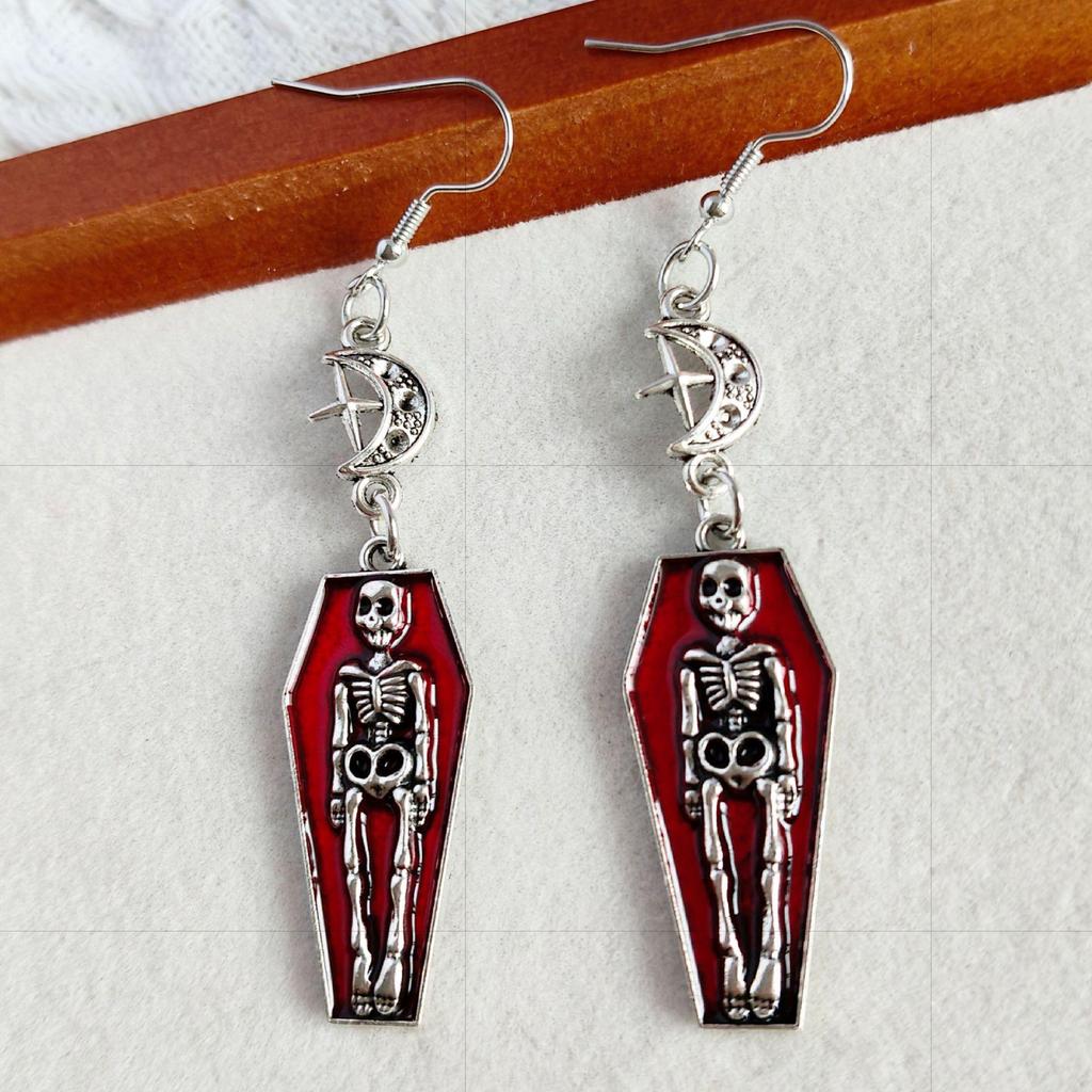 Retro Skull Coffin Skeleton Pendant Earrings for Halloween