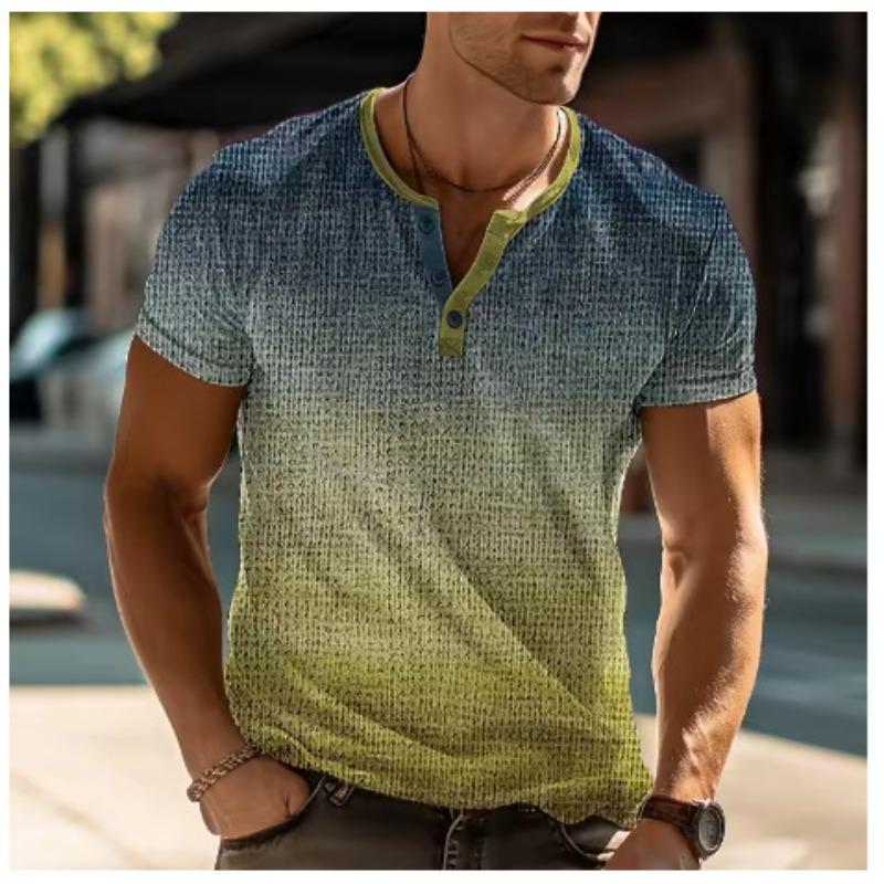 European and American semi-cardigan, casual short-sleeved digital printing slim-fit pullover Henry T-shirt top men's clothing