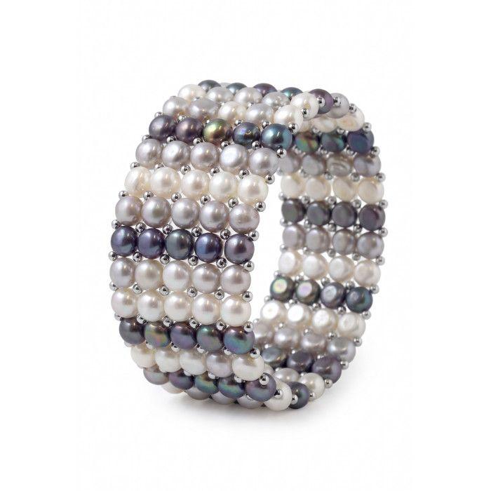 Bracelet - Pearls & Colors - 3-4 mm Rondes - Perle Blanche, Grise & Noire - Argent 925 - Qualité AAA+ - Femme