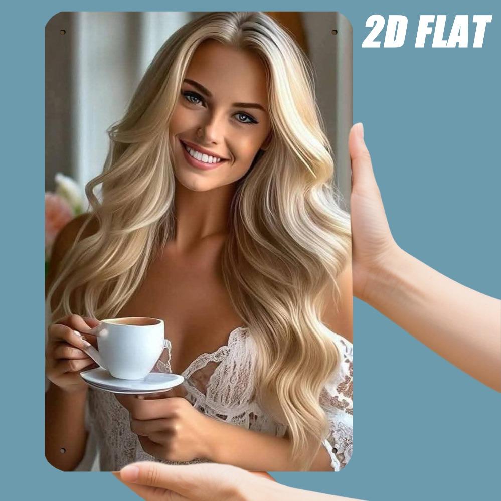 JIT Retro Metal Iron Sign - 8in×12in Blonde Woman With White Cup 2D Flat Decor Easy Install Indoor Outdoor Use