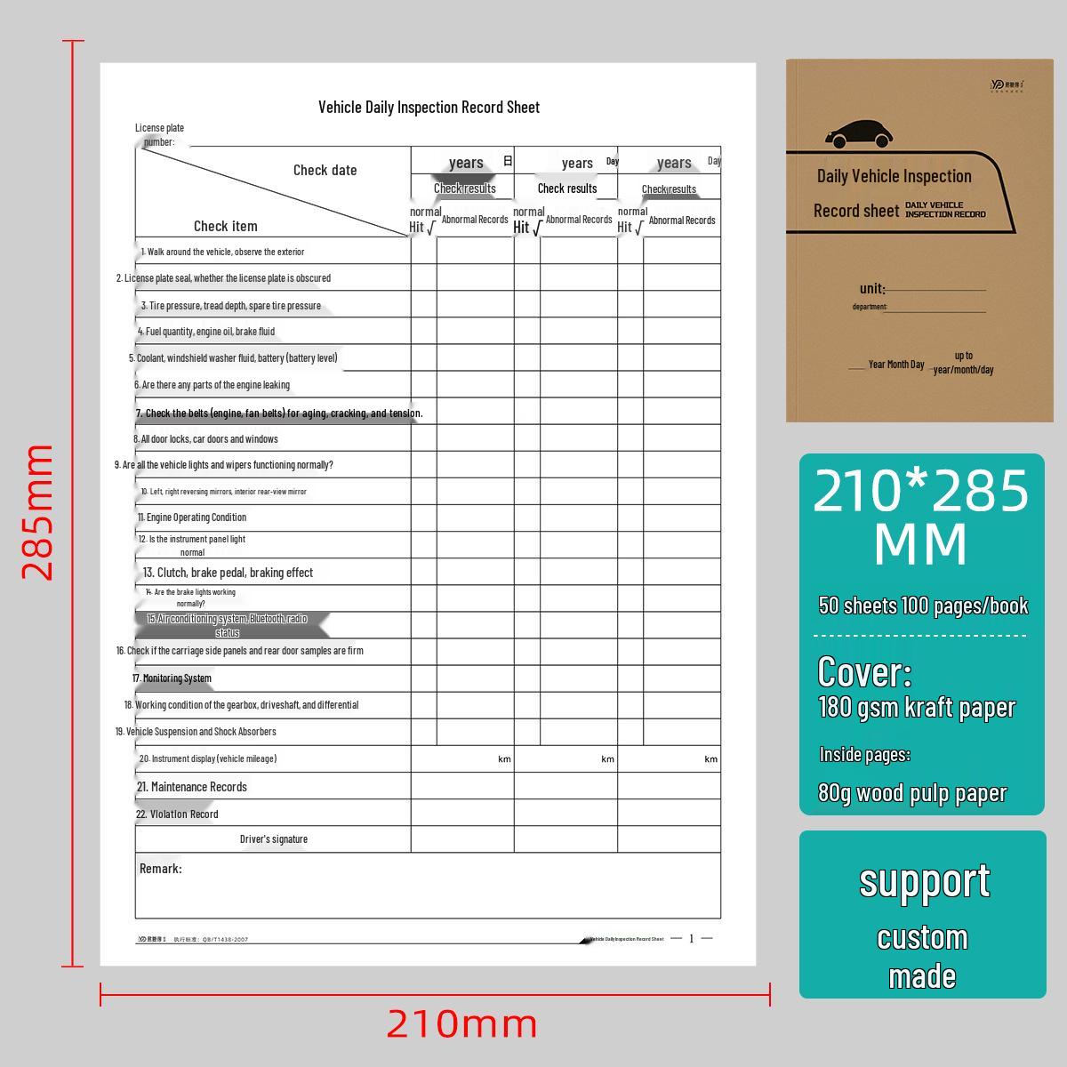 Customizable Vehicle Inspection Record Book for Fleet Safety Management