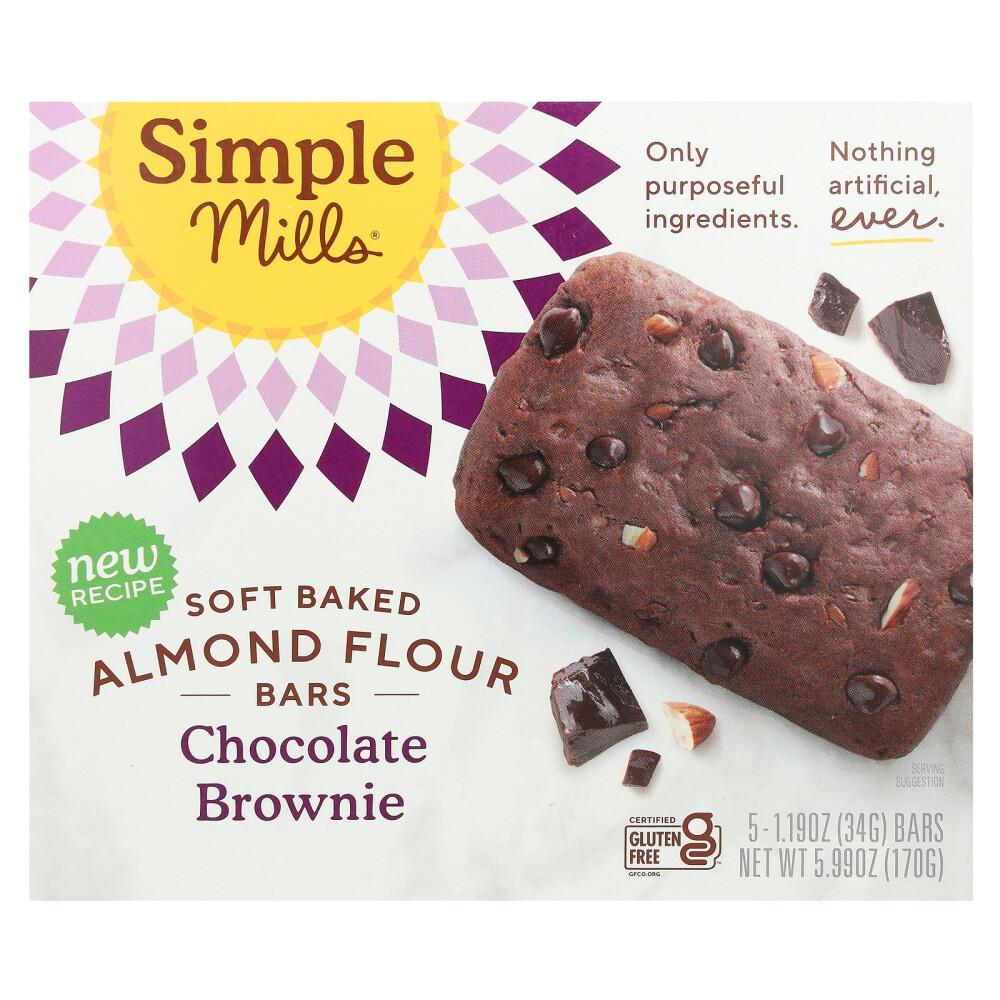 Simple Mills Soft Baked Almond Flour Chocolate Brownie Bars, 5 Count (34g Each)