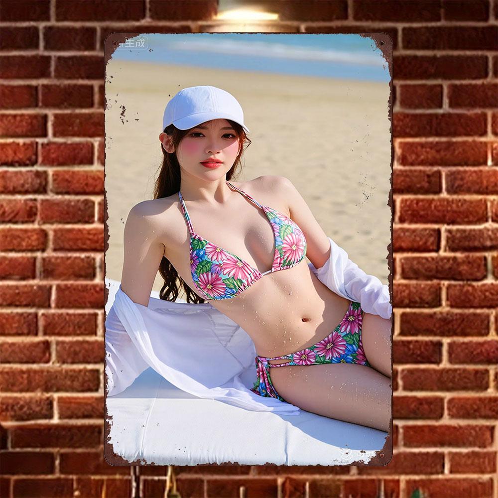 

HD Tin Sign Vintage Asian Girl in Floral Bikini White Cap at Beach Metal Wall Art Retro Decor for Bar Cafe Home 20x30cm（7.8x11.8inch）