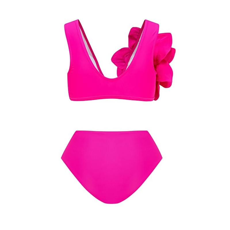 2024 Ny Sexy Høy midje Volangkant Bikini Sett Flounce Badetøy Kvinner Badedrakt Ensfarget Stroppete Strandklær V-hals Badebukse Biquini