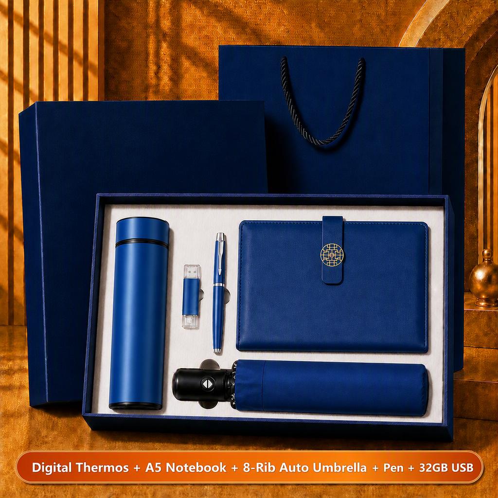 Custom Logo 7-in-1 Business Gift Set Power Bank Bluetooth Speaker Vacuum Flask 304 Stainless Steel Silver Gift Box