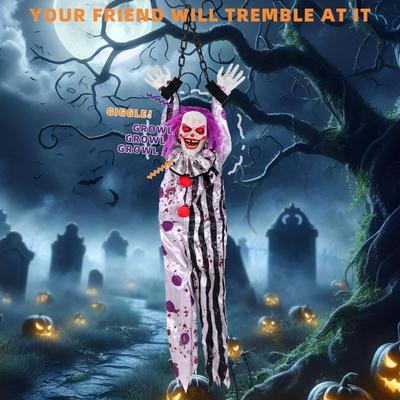 Halloween Geanimeerde Hangende Clown Gemotoriseerde Schuddende Body met Gloeiende Ogen en Creepy Geluid Buiten Spookhuis Horror Decoratie